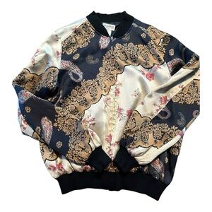 Allison Taylor Silk Bomber Jacket Paisley Floral Print Cropped Full Zip S Ribbed
